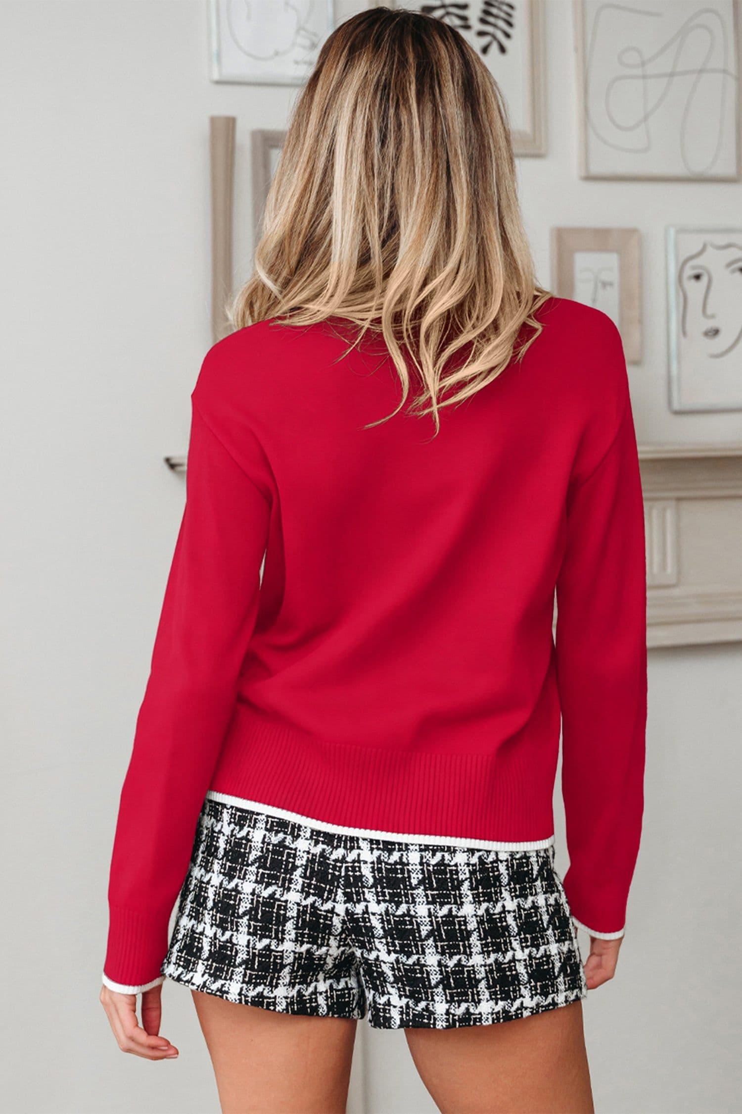 image-Black Cropped Sweater Big Bow Contrast Trim Holiday