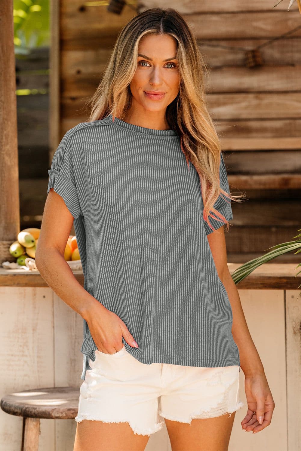 image-Medium Grey Textured Knit T-shirt with Exposed Stitching
