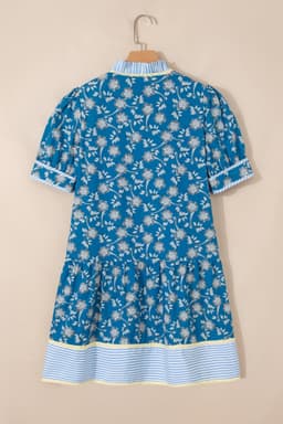 image-Blue Striped Trim Half Buttons Short Sleeve Floral Dress
