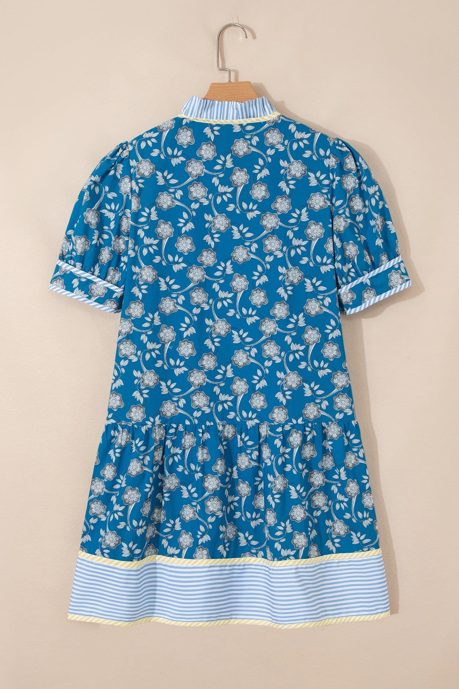 image-Blue Striped Trim Half Buttons Short Sleeve Floral Dress
