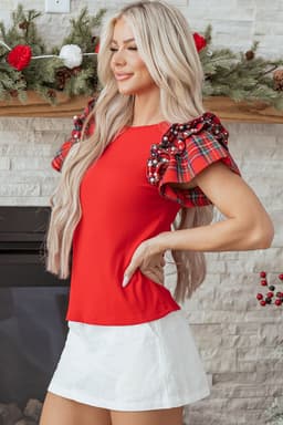 image-Black Plaid Ruffle Short Sleeve T-Shirt Pearl