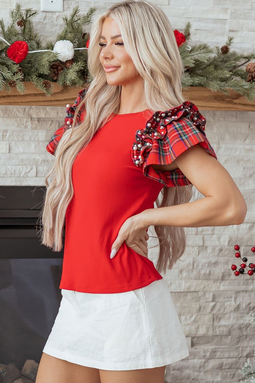image-Black Plaid Ruffle Short Sleeve T-Shirt Pearl