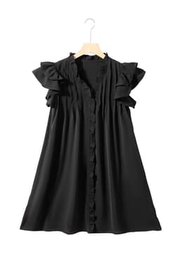 image-Black Ruffle Sleeve V Neck Frilled Shift Dress