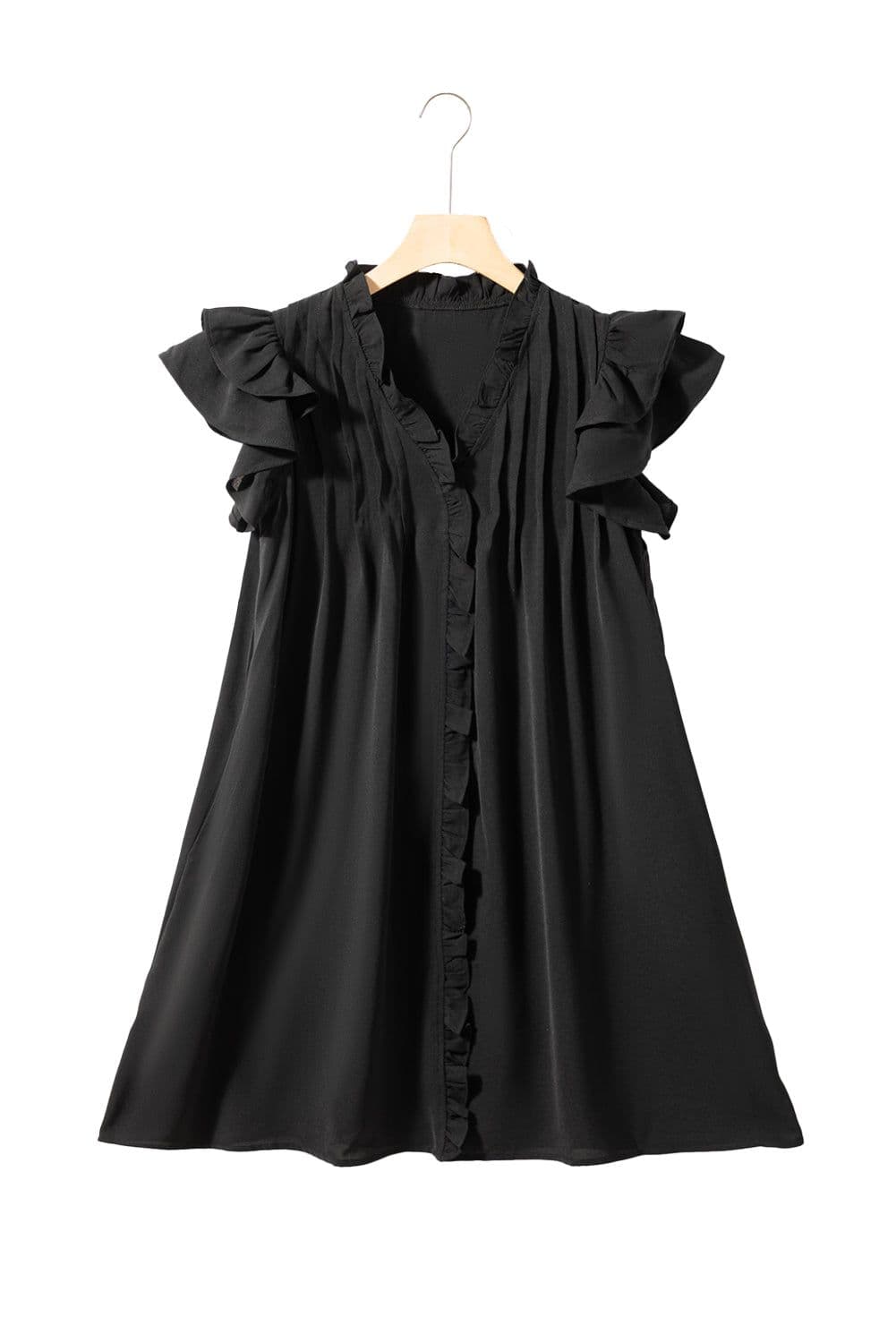 image-Black Ruffle Sleeve V Neck Frilled Shift Dress