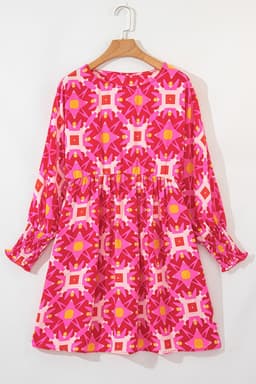 image-Strawberry Pink Geometric Print Smocked Long Sleeve Mini Dress