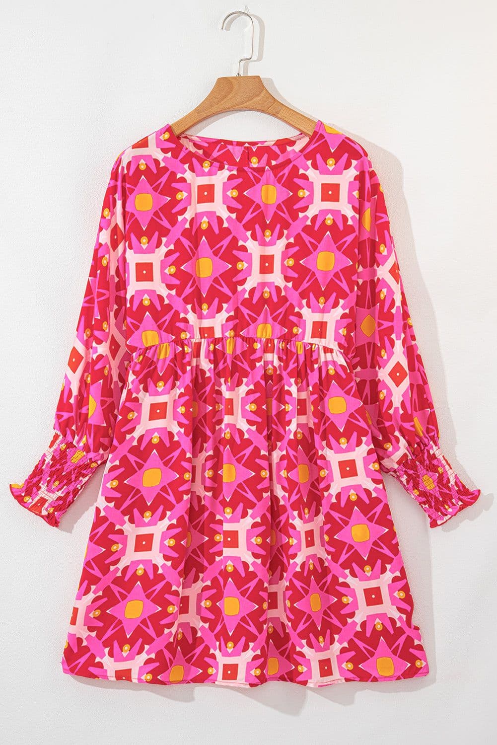 image-Strawberry Pink Geometric Print Smocked Long Sleeve Mini Dress