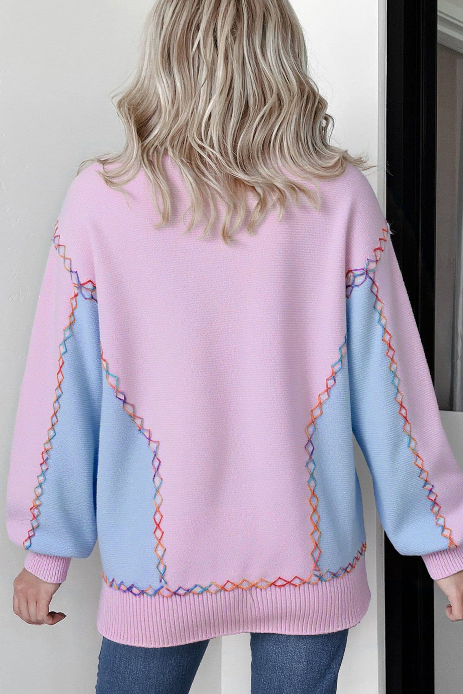 image-White Rainbow Stitching Balloon Sleeve Sweater
