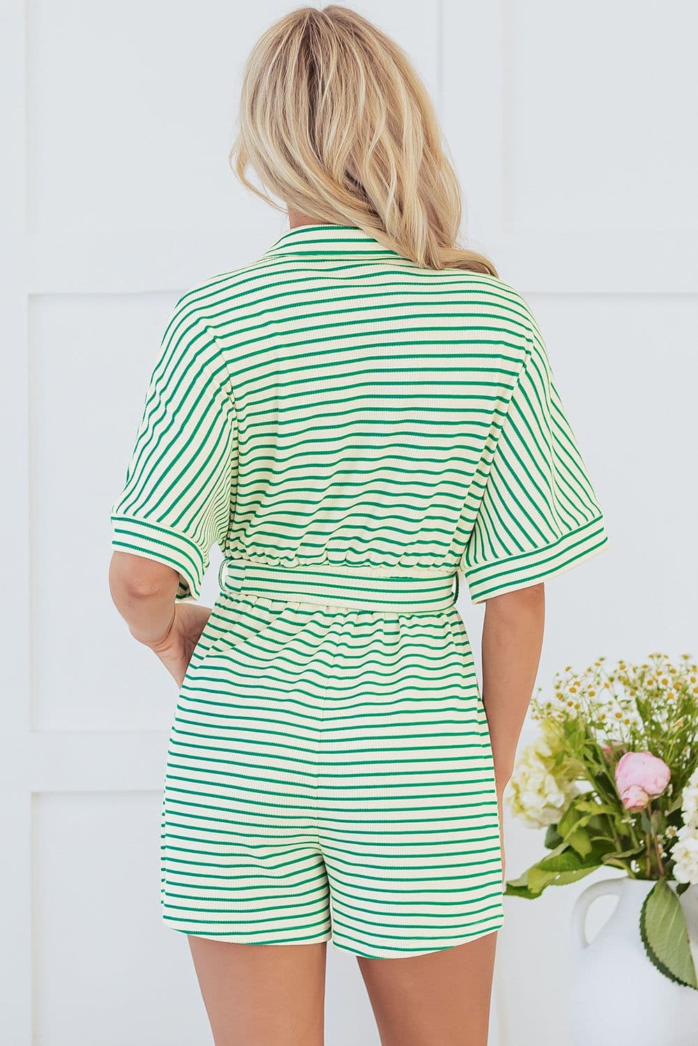 image-Striped Textured Short Sleeve Romper - Modern Green Design (60 Characters)