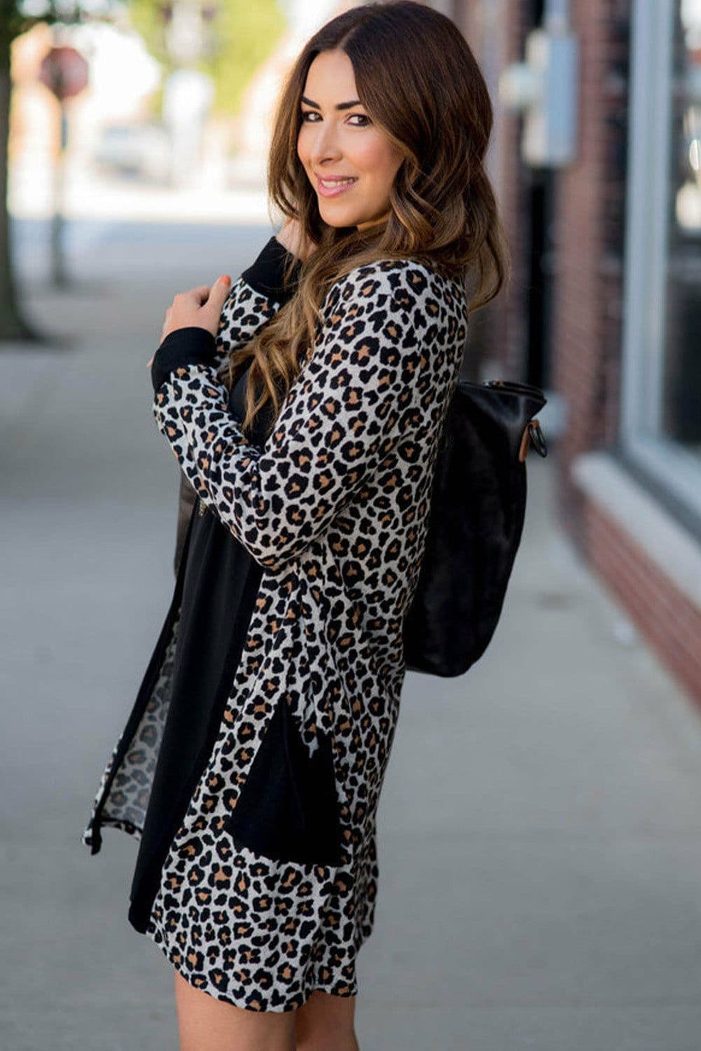 image-Leopard Patched Pocket Open Front Cardigan - Black