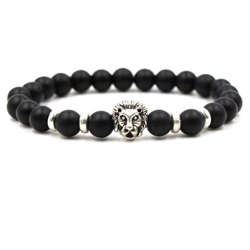 image-8mm Black Lava Stone Bracelet Lion Head Gold