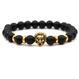 image-8mm Black Lava Stone Bracelet Lion Head Gold