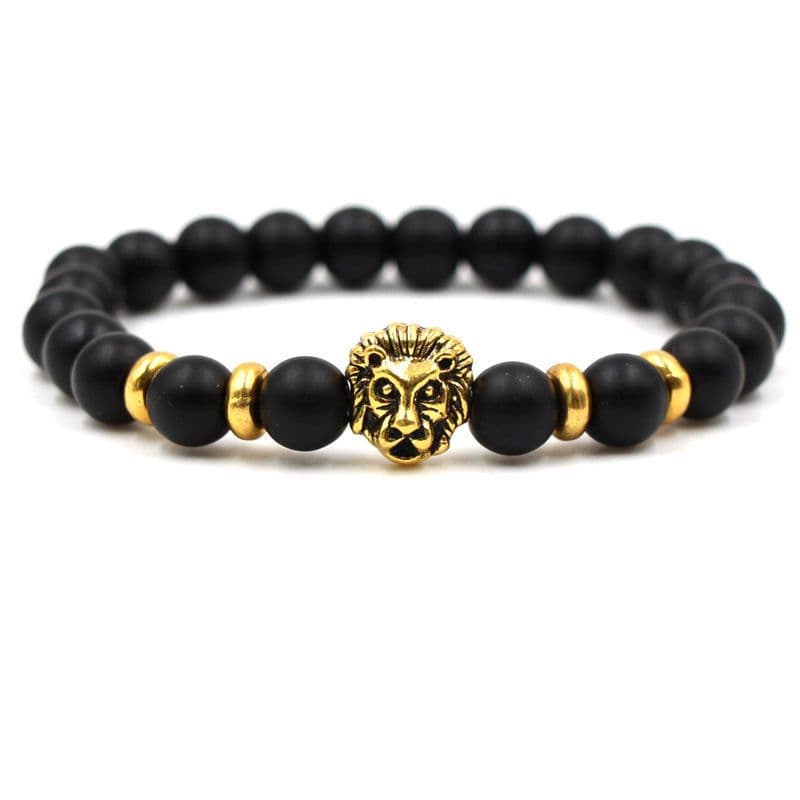image-8mm Black Lava Stone Bracelet Lion Head Gold