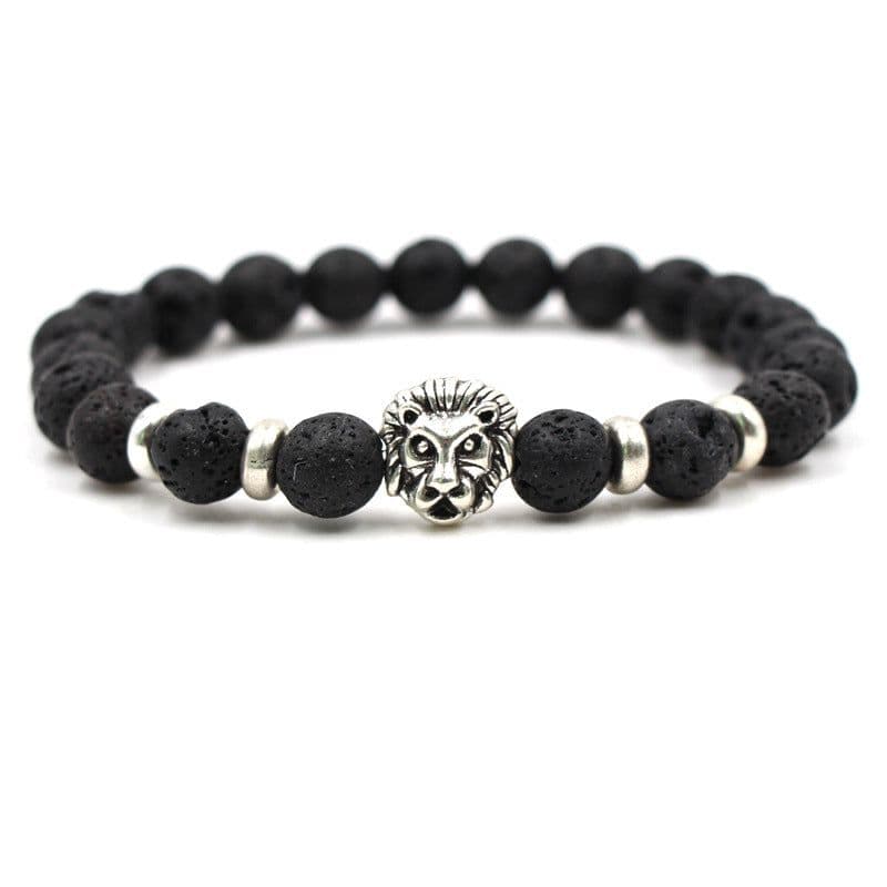 image-8mm Black Lava Stone Bracelet Lion Head Gold