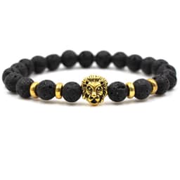 image-8mm Black Lava Stone Bracelet Lion Head Gold