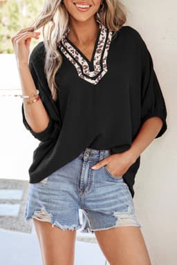 image-Black Dolman Half Sleeve Leopard Patchwork V Neck Blouse