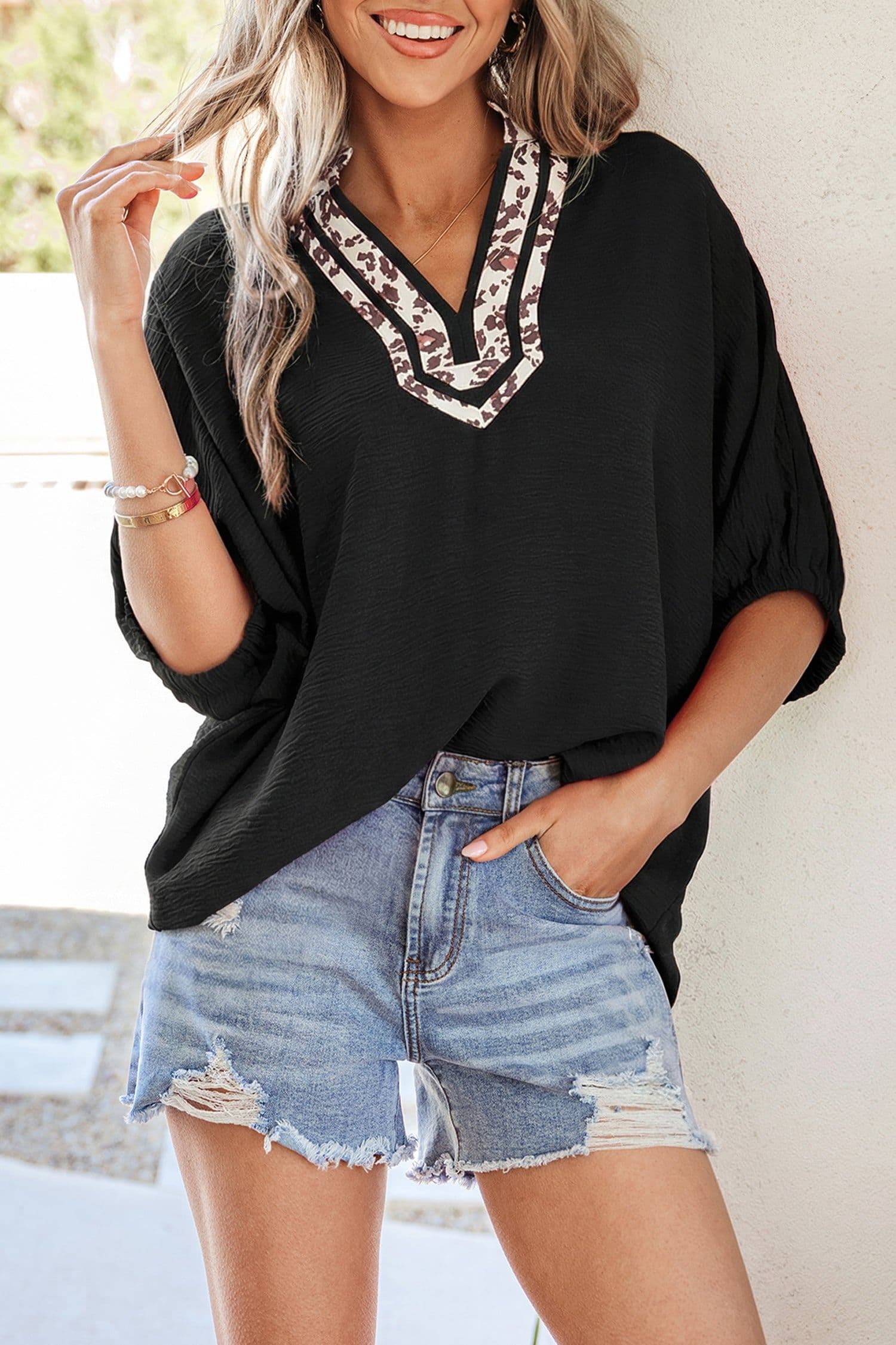 image-Black Dolman Half Sleeve Leopard Patchwork V Neck Blouse