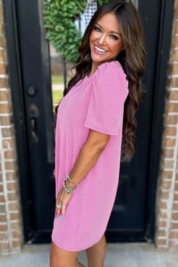 image-Bright Pink Corded Knit Puff Sleeve Mini Dress
