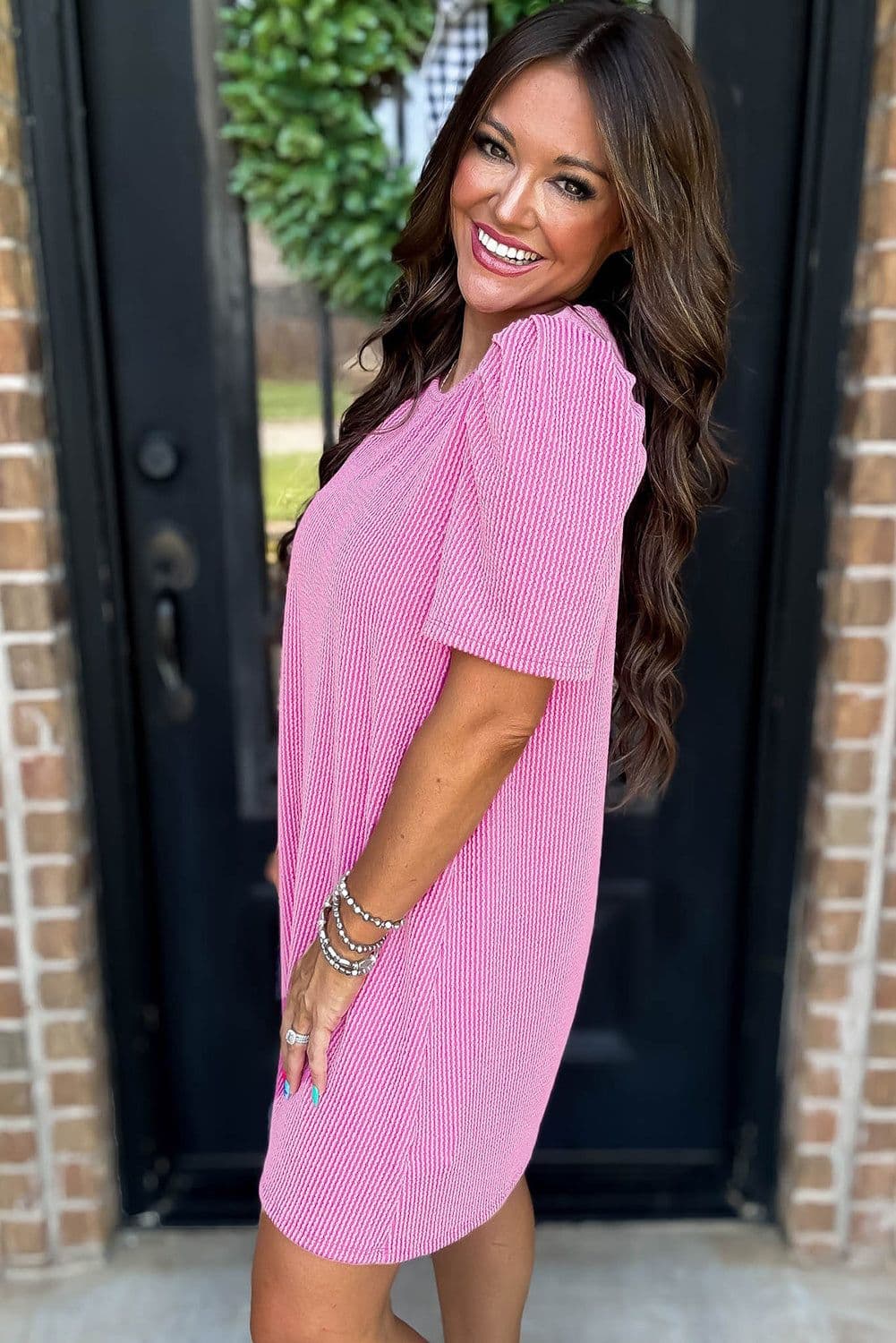 image-Bright Pink Corded Knit Puff Sleeve Mini Dress