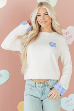 image-White Plaid Heart Embroidered Cuffed Drop Shoulder Crew Neck Sweater