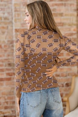 image-Brown Rugby Game Day Sheer Mesh Long Sleeve Top
