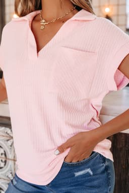 image-Light Pink Collared V Neck Ribbed Tee