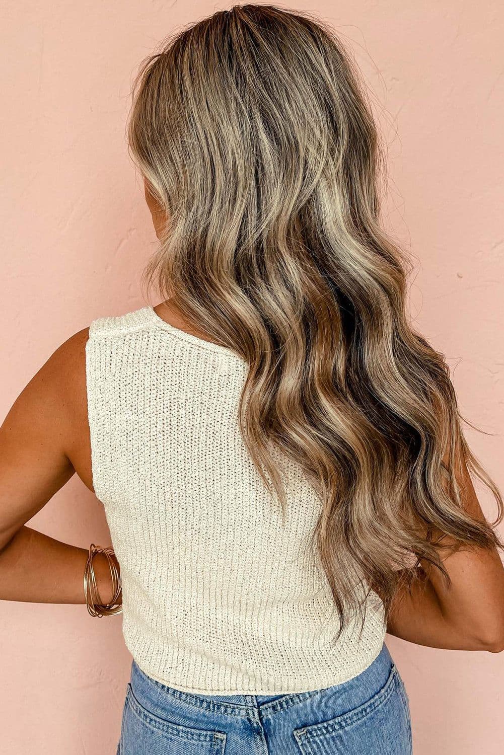 image-Beige V-Neck Lace-Up Sweater Vest - Stylish & Versatile