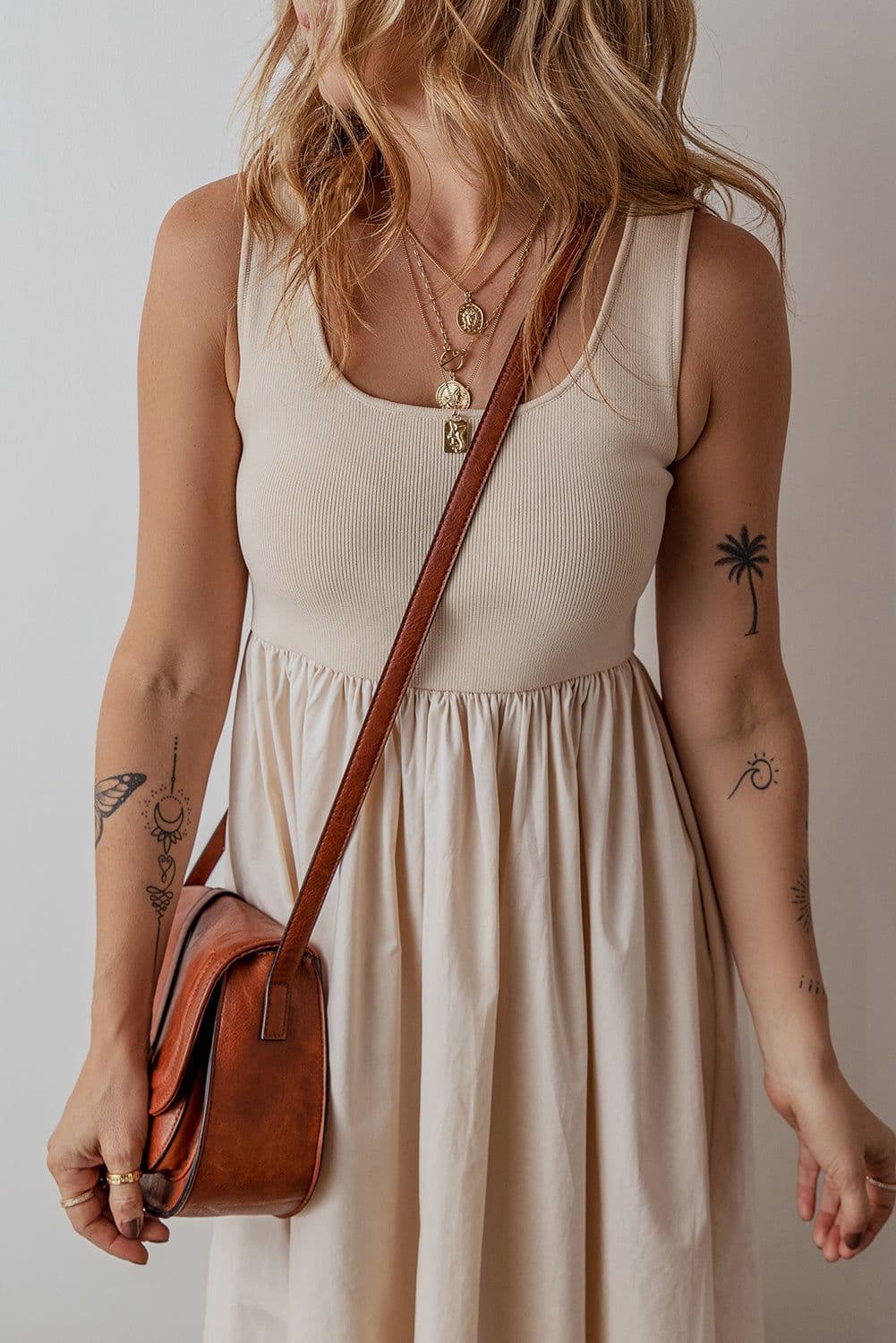 image-Beige Scoop Neck Ribbed Bodice Pleated Sleeveless Long Dress