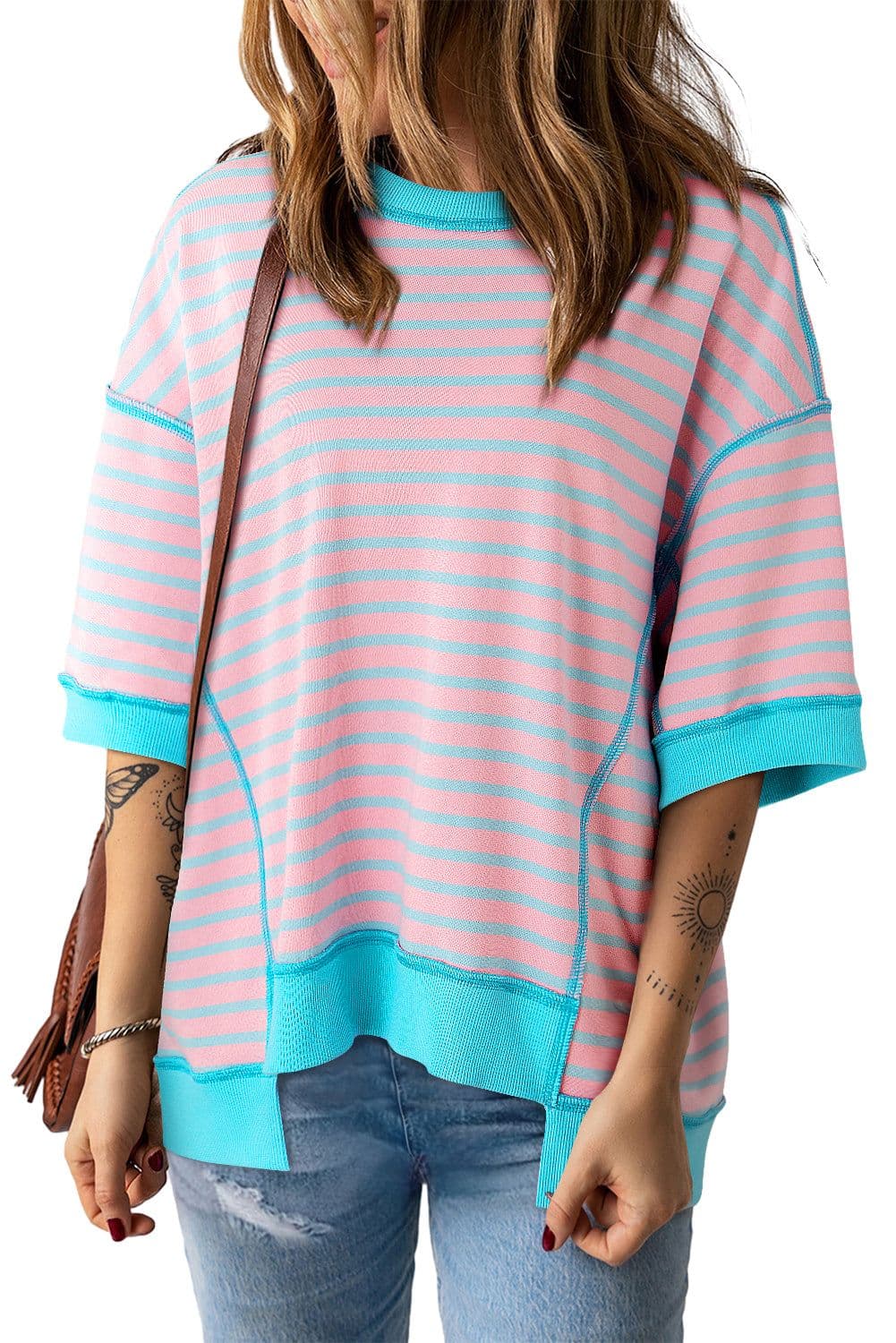 image-Pink Stripe Oversized Contrast Trim Exposed Seam High Low T Shirt