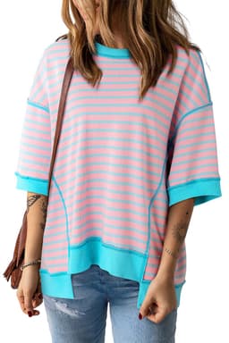 image-Pink Stripe Oversized T-Shirt Contrast Trim