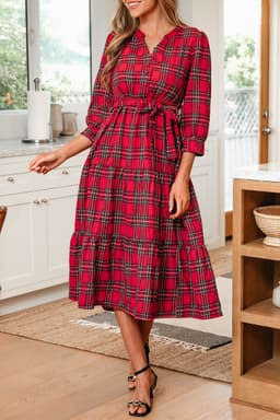 image-Red Christmas Plaid V Neck 3/4 Sleeve Tie Waist Dress