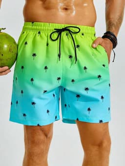 image-Summer Men's Beach Short Coconut Tree Drawstring Men's swim Trunks Elastic Waist 3D Print Gradient Breathable Short Streetwear