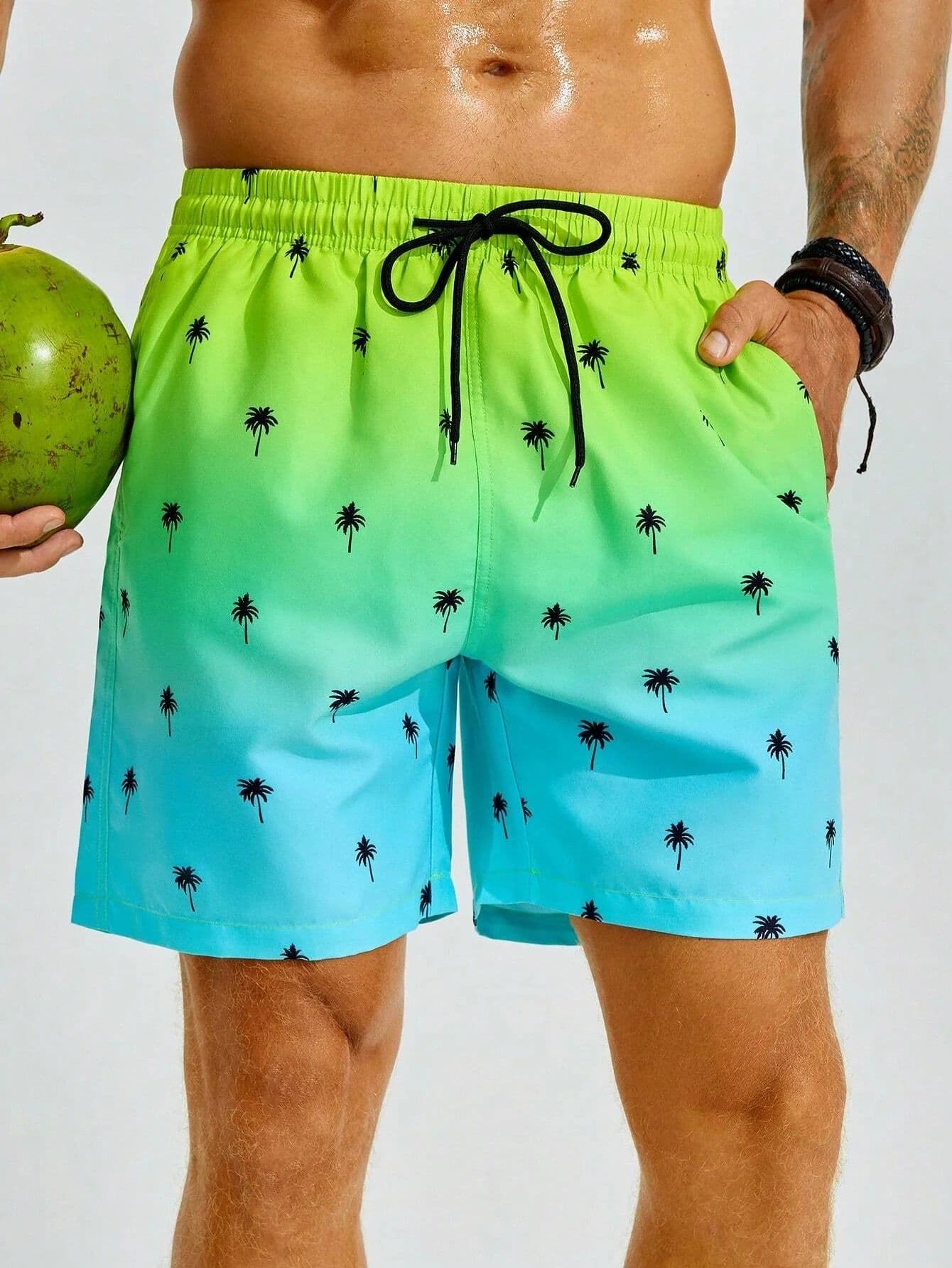 image-Summer Men's Beach Short Coconut Tree Drawstring Men's swim Trunks Elastic Waist 3D Print Gradient Breathable Short Streetwear