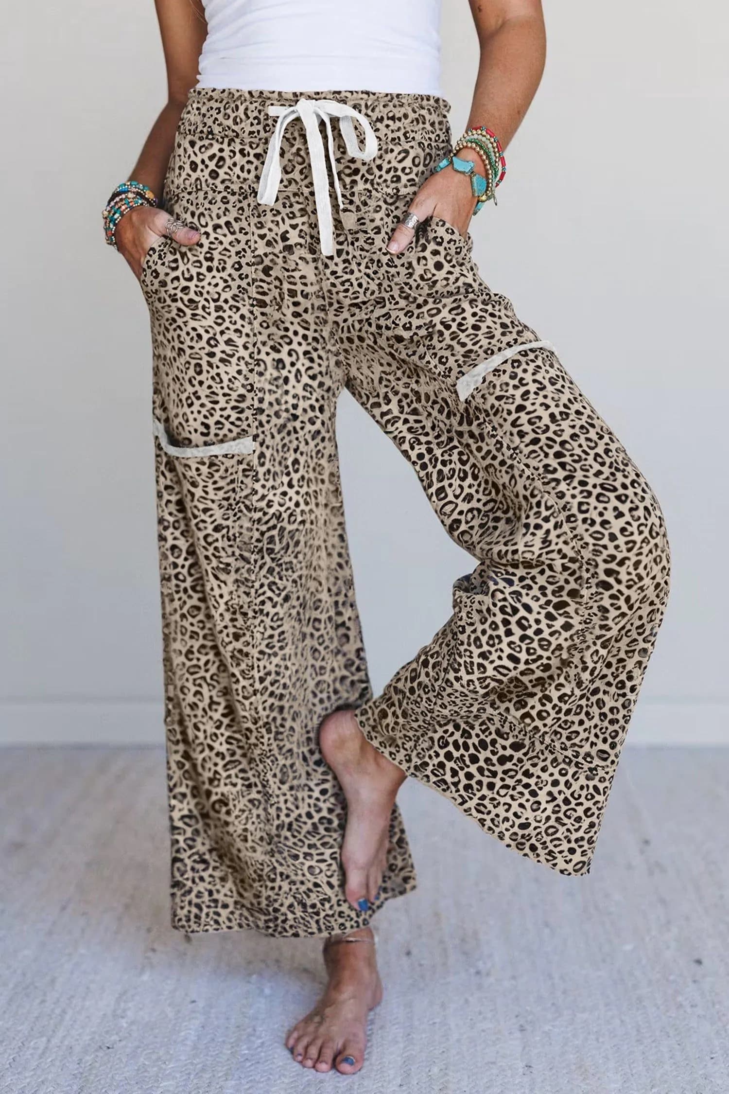 image-Khaki Animal Print Wide Leg Terry Knit Pants