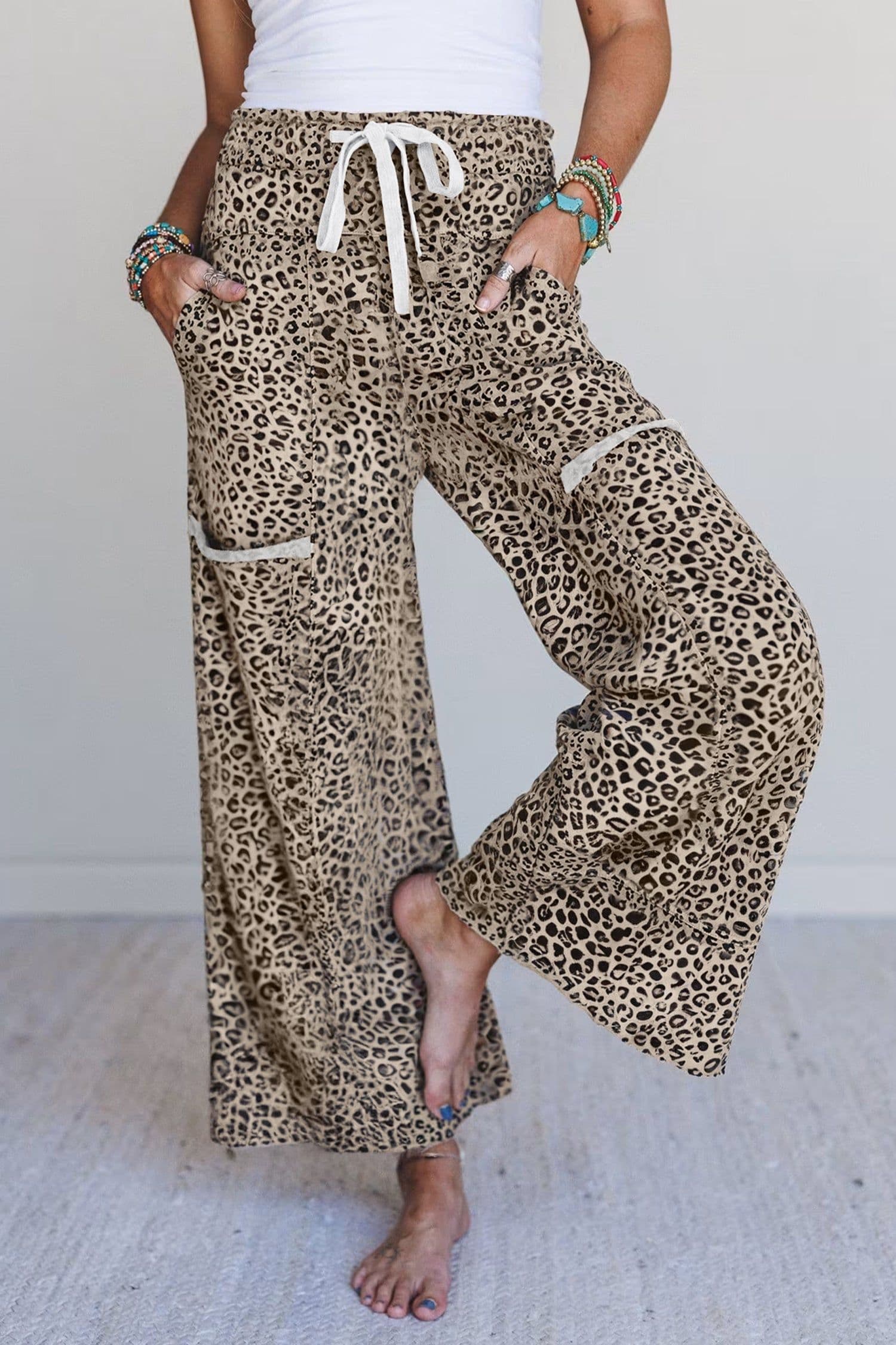 image-Khaki Animal Print Wide Leg Terry Knit Pants