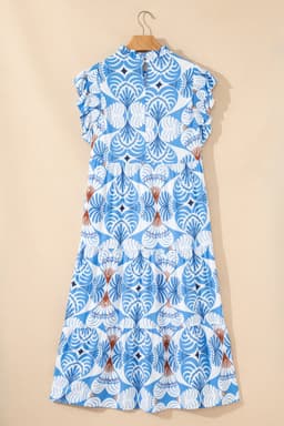image-Sky Blue Tropical Botanic Print Flutter Sleeve Long Dress