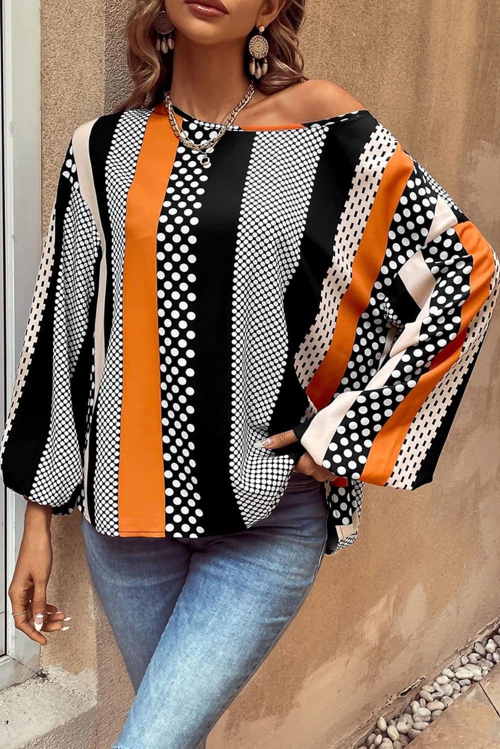 image-Orange Polka Dot Puff Sleeve Blouse - Stylish Vertical Stripes