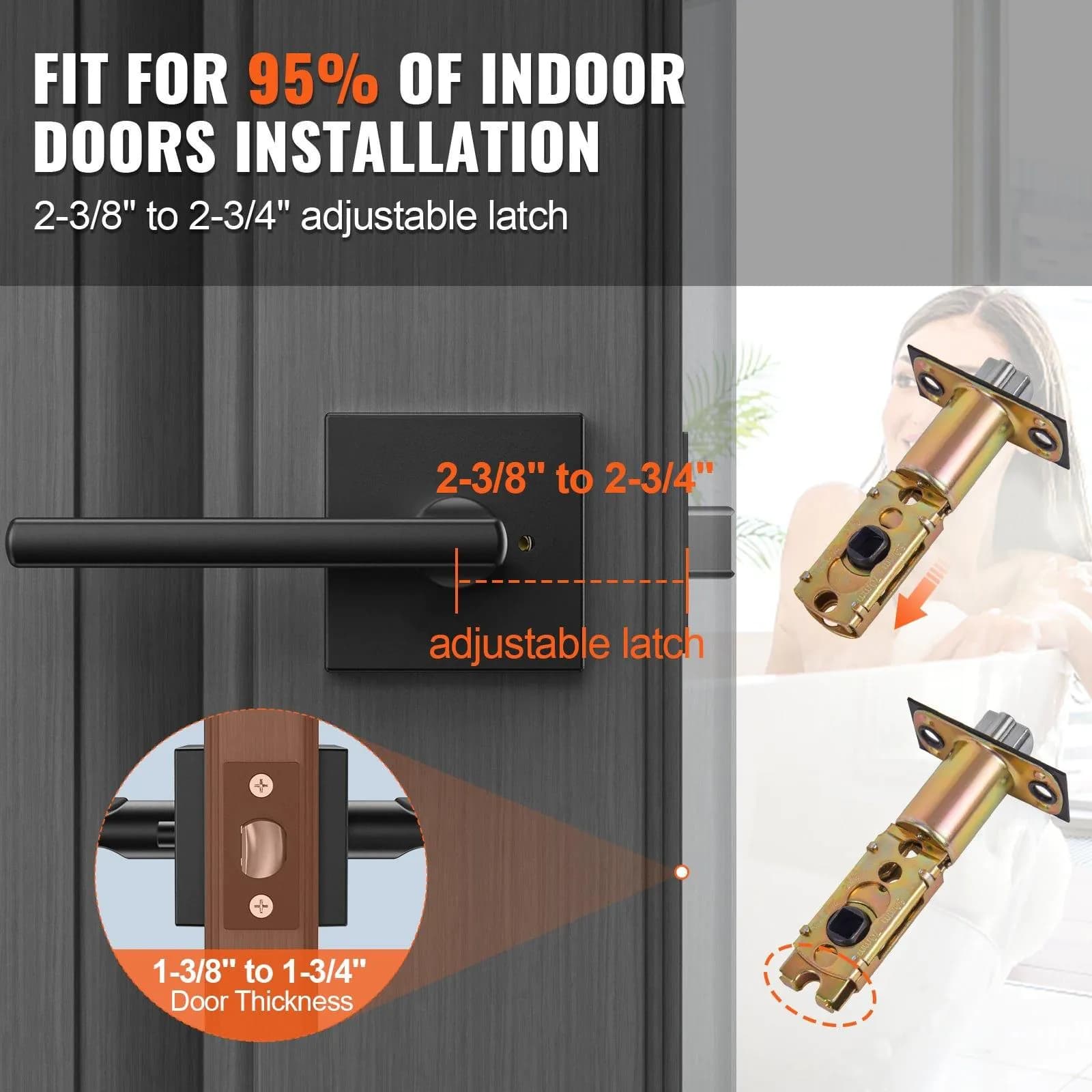 image-VEVOR Privacy Door Handle, 5-Pack Matte Black Door Lever, Right or Left Handing Reversible Lever with Keyless Lock, 45° Rotation to Open, Universal Square Interior for Bathroom and Bedroom Doors