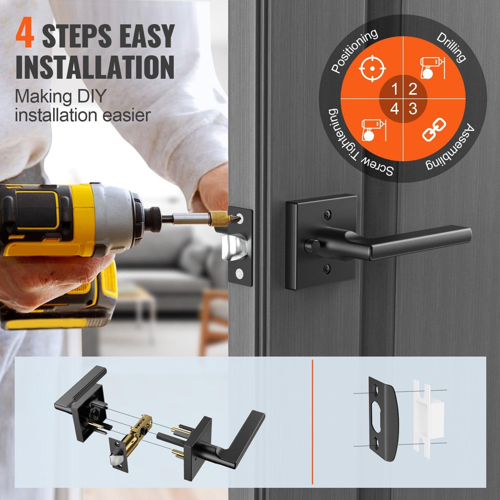 image-VEVOR Privacy Door Handle, 5-Pack Matte Black Door Lever, Right or Left Handing Reversible Lever with Keyless Lock, 45° Rotation to Open, Universal Square Interior for Bathroom and Bedroom Doors
