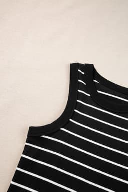 image-Black Stripe Ribbed Knit Mini Dress - Chic Silhouette, Sleeveless