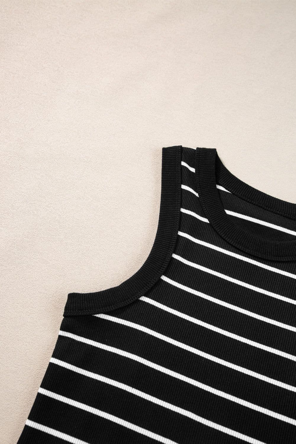 image-Black Stripe Ribbed Knit Mini Dress - Chic Silhouette, Sleeveless