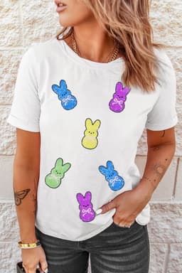 image-White Sequin Bow Bunny Doll Patched Easter Graphic Tee
