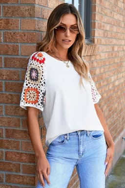 image-White Floral Crochet Top - Short Sleeve, Chic Round Neck, Relaxed Fit