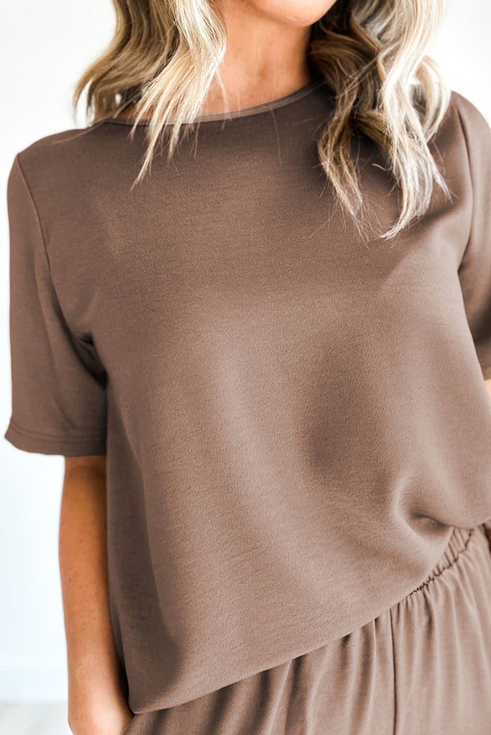 image-Solid Color T-Shirt & Wide Leg Pants Set - 2pcs - Comfortable Fabric