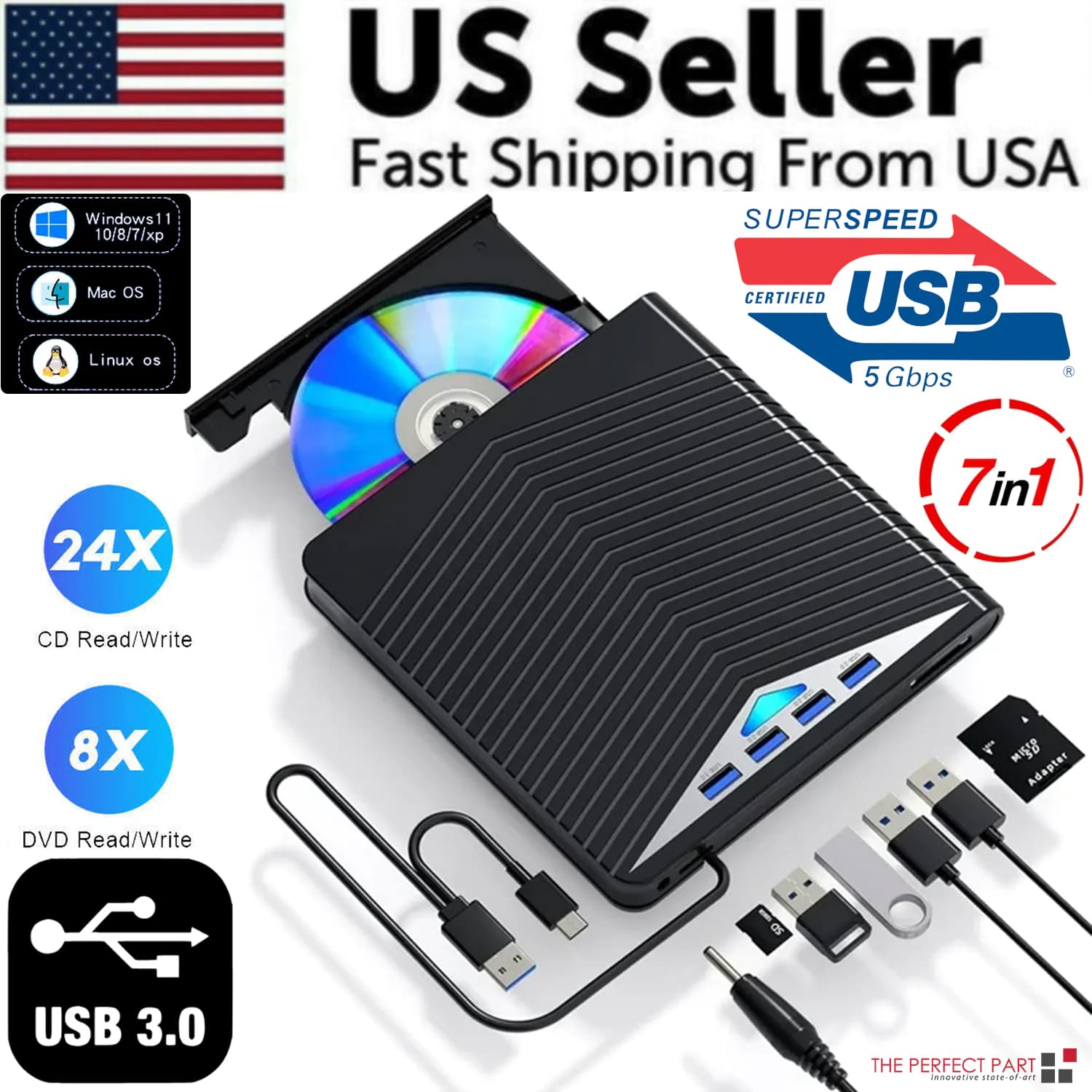 image-External CD DVD Drive for PC Laptop Windows 11 10 USB 3.0 Burner