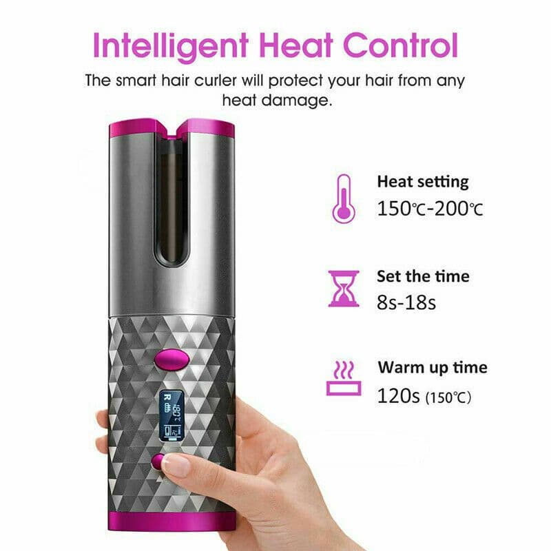 image-Hair Curler LCD Cordless Auto Rotating Waver Curling Iron Ceramic