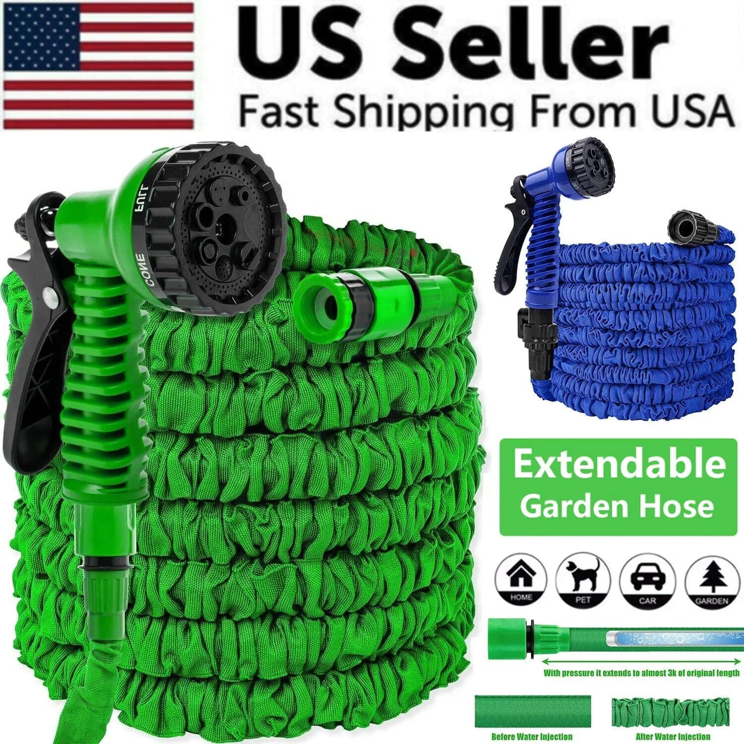 image-Expanding Expandable Flexible Garden Water Hose w Spray Nozzle 25, 50,