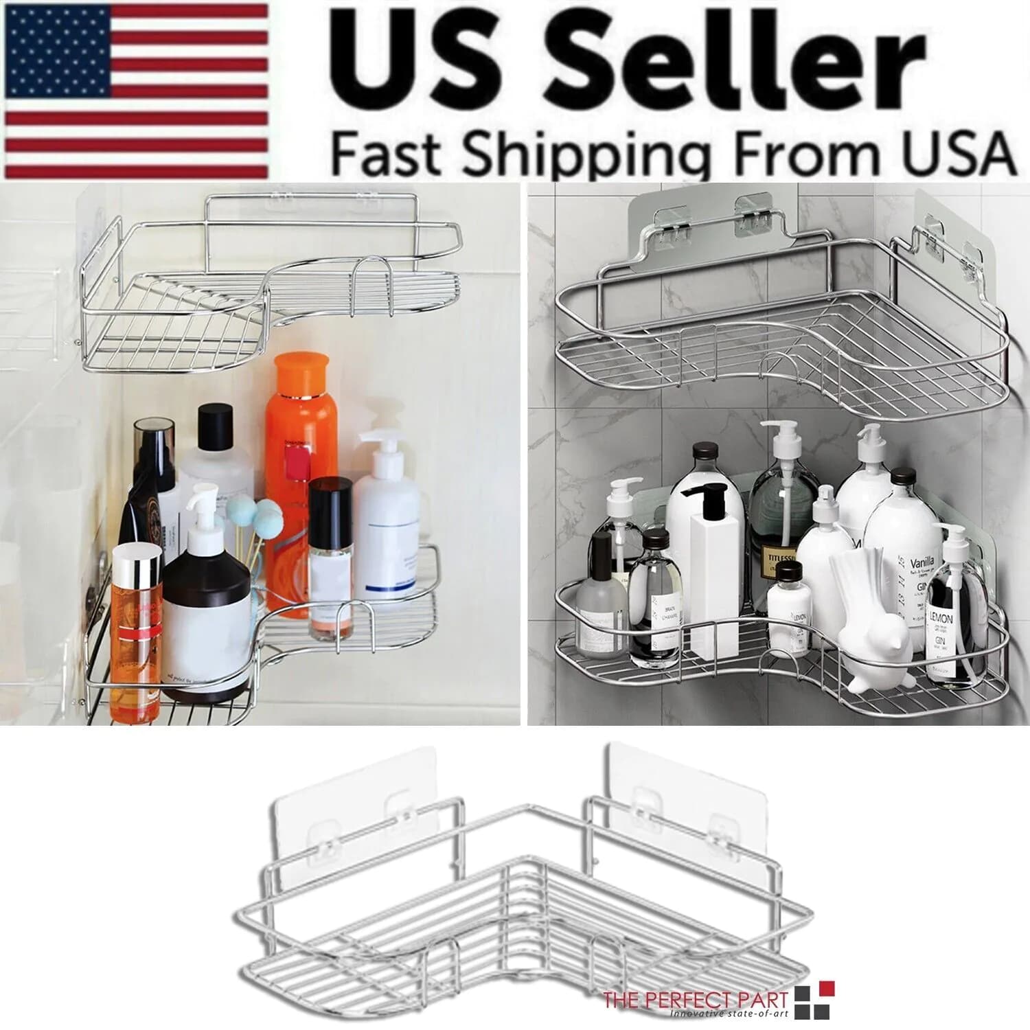 image-Shower Caddy Shelf Bathroom Corner Bath Storage Holder Organizer