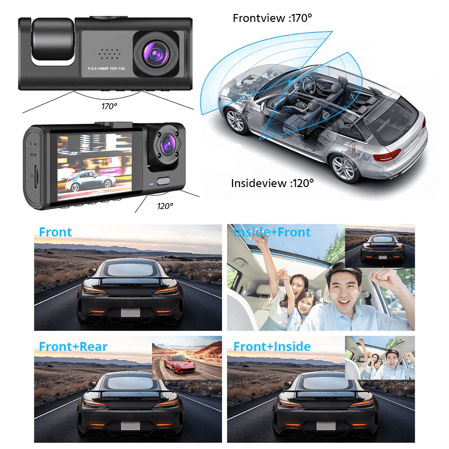 image-Car Dual Lens Dash Cam HD 1080P Front/Rear/Inside Video Recorder