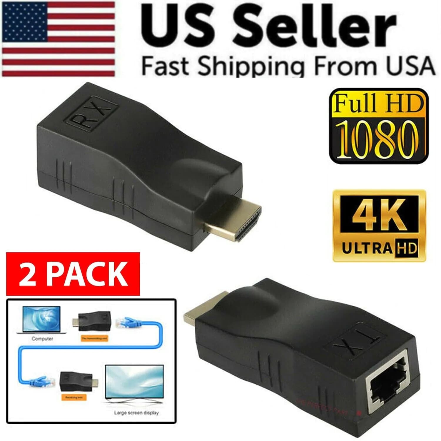 image-4K 1080P HDMI Extender to RJ45 Over Cat 5e/6 Network LAN Ethernet