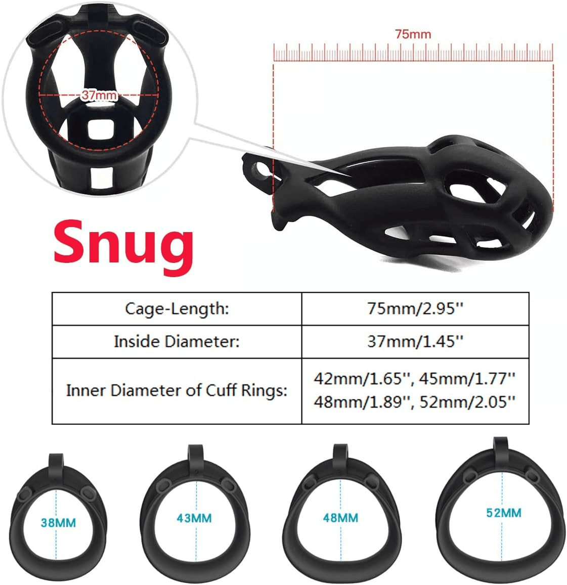 image-Male Chastity Cage Lock Device Kit W/ 4 Rings Virginity Device 5 Sizes